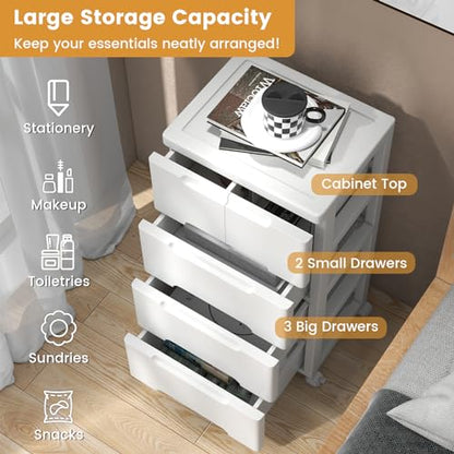 5-Drawer Plastic Rolling Storage Cart (16"x13"x31") | Mobile Storage Cabinet | Vertical Storage Tower Container Unit | 4 Universal Wheels | For Living Room, Home Office - size: 16”x13”x31” (5 Drawers)