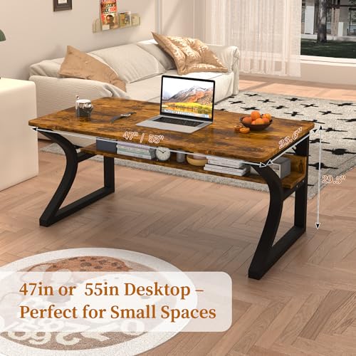 47'' Computer Desk Home Office Desk, Modern Computer Desk w/U Shaped Metal Frame, Storage Shelves, PC Table Study Writing Desk Workstation for Home Office (55inch/Brown) - size: 55inch/Brown