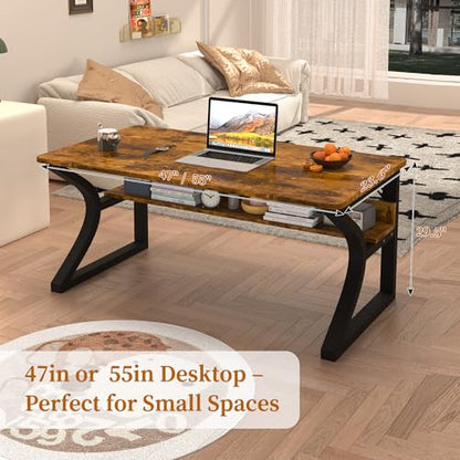 47'' Computer Desk Home Office Desk, Modern Computer Desk w/U Shaped Metal Frame, Storage Shelves, PC Table Study Writing Desk Workstation for Home Office (55inch/Brown) - size: 55inch/Brown