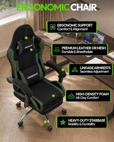 Dowinx Ergonomic Gaming Chair with Footrest & Massage Lumbar, 2D-Linkage Armrests for Computer Chair 330lbs with Headrest Pillow for Office, Home, Streaming and Long Gaming Sessions, Fabric Dark Green - color: Dark Green