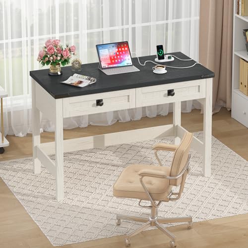 39 Inch Farmhouse Small Computer Desk with Drawers for Bedroom, Home Office - color: Black and White