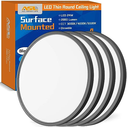 Allsmartlife 4-Pack Led Flush Mount Ceiling Light 12 inch, 24W 2880lm Dimmable CCT 3000K/4000K/6500K Edge-Lit Thin White Round Led Surface Mount Light for Kitchen，Hallway，Bedroom - color: Black, size: 12inch 4-Pack