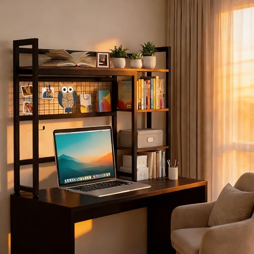 Desktop Shelf, 38.5'' Desktop Organizer Shelf for Computer Monitor, 4 Tier Hutch Storage Rack for Home Office Dorm, Rustic Brown - color: Brown