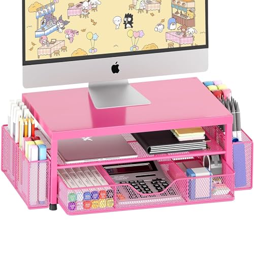 Desk Organizers and Accessories, Computer Monitor Stand Riser with Drawer and 2 Pen Holders, Printer & Laptop Stand, Office Desk Accessories & Workspace Organizers for Home Office Supplies, Carmine Rose - color: Carmine Rose 1-Pack
