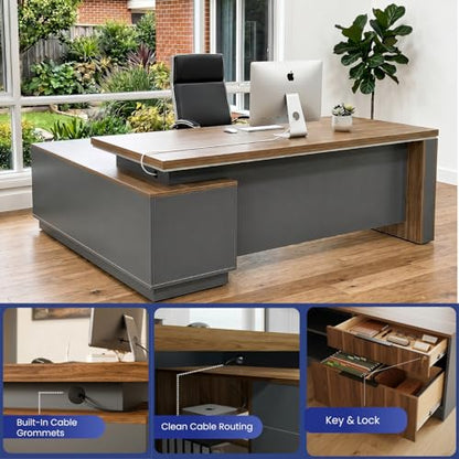 OfficeSimpli L Shaped Executive Desk with Drawers, Made in USA, 84x72x30 in - size: 84" x 72" x 30" (Credenza Left)