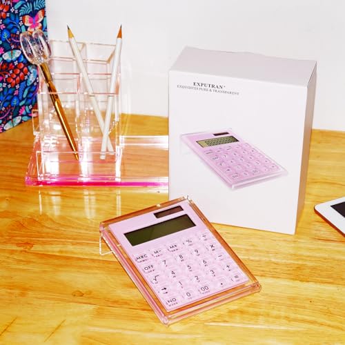 Acrylic Calculator with Stand, Battery and Solar Hybrid Powered Basic Calculator 12-Digit LCD Display,Home Office Desktop Accessories(Pink) - color: Pink