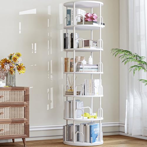 6 Tier Rotating Bookshelf Tower, Standing Tall Corner Wood, White Metal Modern Book Shelf Organizer Retro Vintage Rustic Modern Large Bookshelf Book Display Furniture for Your Home, Office, Kids - color: White, size: 6 Tiers