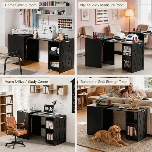 Foldable Pull-Out Desk with Charging Station and Storage, Black