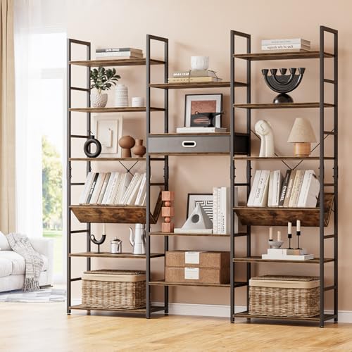 NUMENN Triple Wide 6 Tier Bookshelf with Drawer & Open Shelves, Vintage | Metal Frame & Wood Shelves, Adjustable Bookcases and Bookshelves with Supporting Bars for Living Room, Bedroom, Home Office - color: Black, size: 6 Tier(V-shaped)