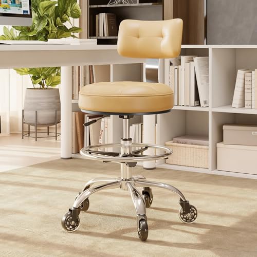 Office Drafting Chair with Footrest, Tall Height Adjustable Stool with Back Support, Heavy Duty Rolling Stool Chair with Wheels for Office Home Kitchen Bar Shop Guitar Studio Vanity, White - color: Beige White