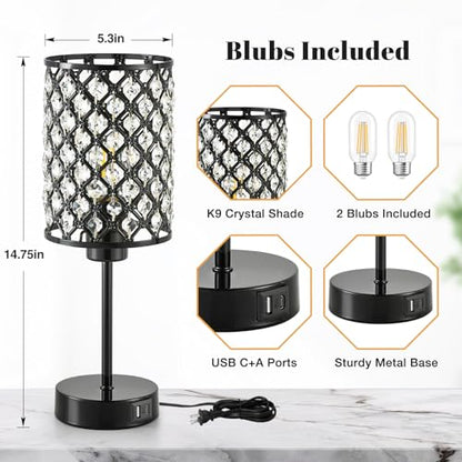 GyroVu Black Crystal Bedside Table Lamps Set of 2 with USB C+A Ports - color: Black-2, size: 14.75"
