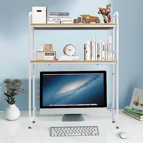 Desktop Bookcase Bookshelf Desk Hutch, 2-Tier Multipurpose Countertop Display Shelf, Adjustable Computer Desktop Rack Organizer for Home Office Dorm Use (White)