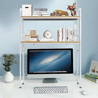 Desktop Bookcase Bookshelf Desk Hutch, 2-Tier Multipurpose Countertop Display Shelf, Adjustable Computer Desktop Rack Organizer for Home Office Dorm Use (White)
