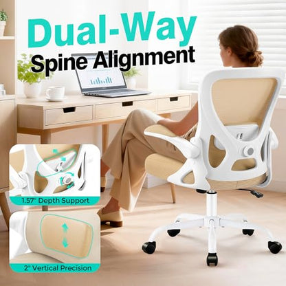 Office Chair - Ergonomic Breathable Mesh Desk Chair with Adjustable Lumbar Support and Flip-up Armrests - Executive High Back Rolling Swivel Comfortable Computer Gaming Chair for Home Office - color: Khaki