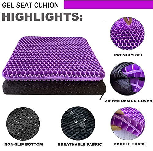Gel Seat Cushion for Long Sitting, Double Thick, Pressure Relief | Cooling, Soft&Breathable | Sciatica, Hip&Coccyx Pain Relief | Gel Cushion for Office Chair, Home, Car, Wheelchair | Anti-Slip - color: Purple
