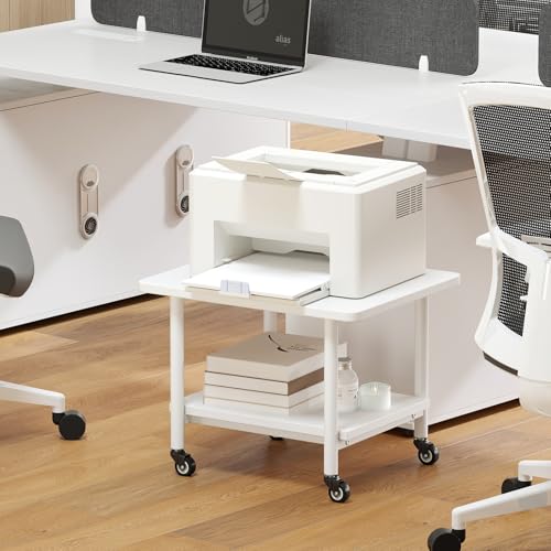 GOFLAME Under Desk Printer Stand, 2-Tier Mobile Printer Table with Storage Shelf, Metal Frame, Rolling Printer Cart Holder Storage Rack with Lockable Wheels for Home Office, White - color: White