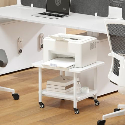 GOFLAME Under Desk Printer Stand, 2-Tier Mobile Printer Table with Storage Shelf, Metal Frame, Rolling Printer Cart Holder Storage Rack with Lockable Wheels for Home Office, White - color: White