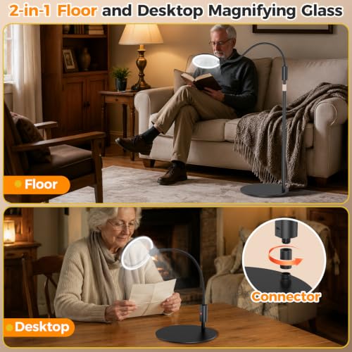 Rechargeable Cordless Floor Magnifying Glass with Light and Stand | 2-in-1 Floor & Desk Magnifying Lamp, 48 LED 3 Light Modes, Flexible Gooseneck, Hands-Free for Seniors Reading, Crafts, Sewing