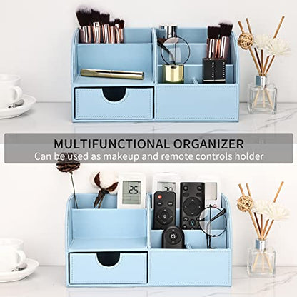 Pu Leather Desk Organizer Pen Pencil Holder Office Supplies Caddy Storage Box 6 Compartments with Drawer Blue - color: Blue
