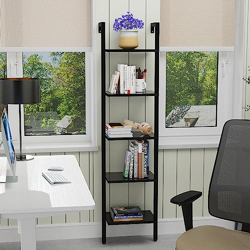 YMYNY 5 Tiers Narrow Ladder Bookcase, Industrial Wall Mounted Bookshelf, Open Display Rack with Metal Frame, Wooden Storage Shelves for Bedroom, Home Office, Living Room, Black, 70*17.3*11.8"UHBC015B - color: Black