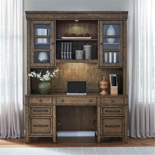 Pemberly Row Credenza Desk Set with Hutch, Solid Wood and White Oak Veneers, Amber Brown Finish, Locking File Drawers, Glass Doors, LED Lighting, Adjustable Shelves, Classic Office Furniture