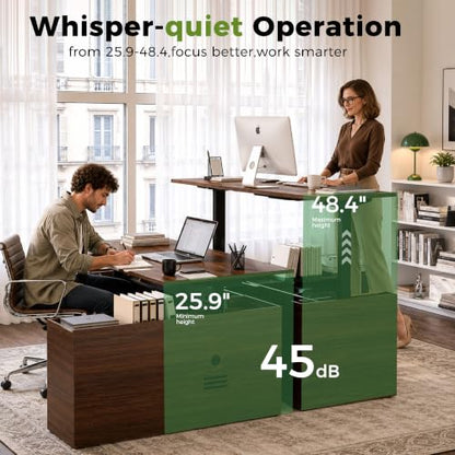 70.9”L-Shape Executive Standing Desk, Snap-Lock &Built-In Power Outlet | Brushless Motor, Smart Controller, Cable Management, Privacy Panel, Movable Cabinet, Home & Corporate Office