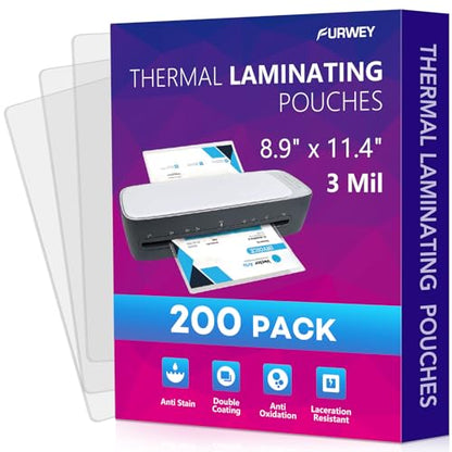 FURWEY Laminating Sheets,200 Pack,3 mil,8.9x11.4,Thermal Pouches - size: 200PACK-3Mil (8.9 x 11.4Inches)