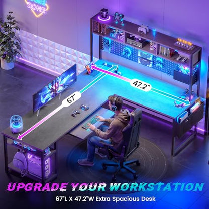 SEDETA L Shaped Office Desk with Hutch, Reversible 94.5" Computer Desk | L Shaped Gaming Desk with LED Light, Keyboard Tray, Storage Shelves and Headphone Hook for Home Office, Grey - color: Grey With Power Outlet and Pegboard