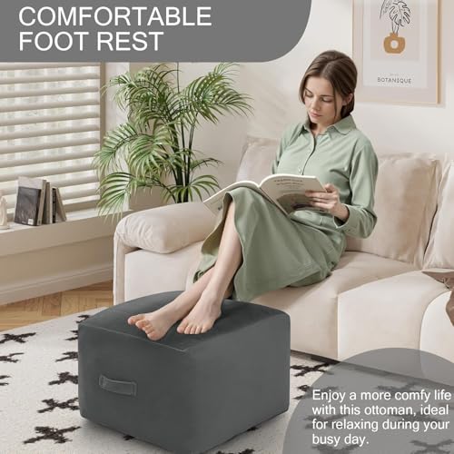 MeMoreCool Square Stuffed Pouf Ottoman Foot Rest, Floor Pouf Foot Stool with Foam Chunk Filling, Soft Stuffed Ottoman Footrest for Living Room, Dark Grey - color: Striped Dark Grey