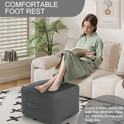MeMoreCool Square Stuffed Pouf Ottoman Foot Rest, Floor Pouf Foot Stool with Foam Chunk Filling, Soft Stuffed Ottoman Footrest for Living Room, Dark Grey - color: Striped Dark Grey