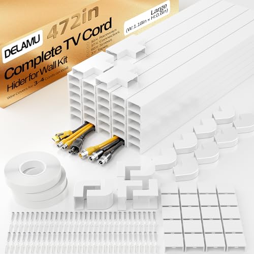 Delamu TV Cord Hider Wall, 472in Cable Hider, Large Cord Covers for 3-4 Wires on Wall, Paintable Cable Raceway to Hide Wires on Wall with 30 Raceways & 37 Accessories, 1.18in W x 0.67in H, White - color: White, size: 472in L x 1.18in W x 0.67in H
