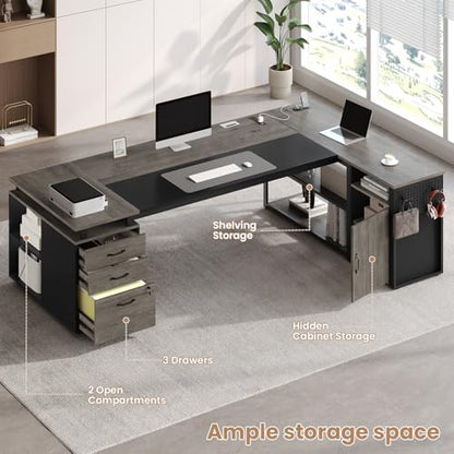 78" Executive Desk with Lockable File Cabinet, L Shaped Office Desk with Power Outlets, Large Executive Desk with Drawers and Storage Shelves , Reversible Computer Desk with Privacy Screen, Grey - color: Grey