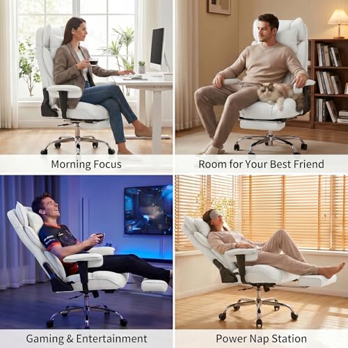 mokodo Big and Tall Office Chair 400lbs, Breathable Fabric Executive Desk Chair with Pocket Spring Cushion, 155° Reclining Computer Chair with Integrated Headrest & Lumbar Pillow (White) - color: White