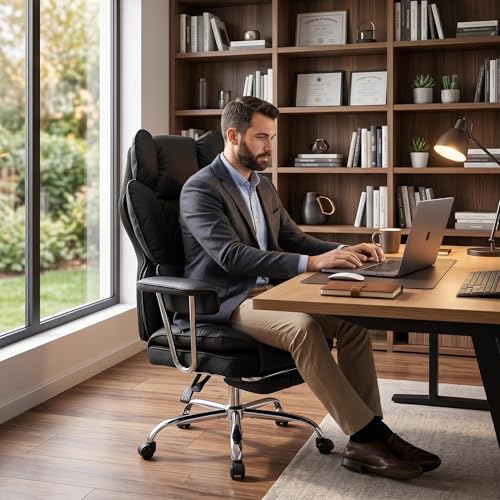 Big and Tall Office Chair with Pocket Spring Cushion, High Back Ergonomic Desk Chair for Home Office, Thick Padded Seat, Adjustable Armrests & Lumbar Support, with Footrest, PU Leather, Black - color: Black