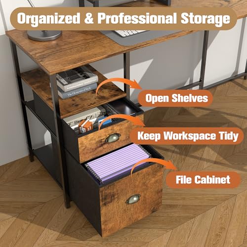 Shahoo 65.3" L Shaped Computer Desk, Corner Home Office Desk with Power Outlets, Ergonomic Monitor Stand, File Drawers & Storage Shelves, Rustic Gaming Desk for Working from Home