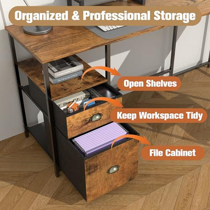 Shahoo 65.3" L Shaped Computer Desk, Corner Home Office Desk with Power Outlets, Ergonomic Monitor Stand, File Drawers & Storage Shelves, Rustic Gaming Desk for Working from Home