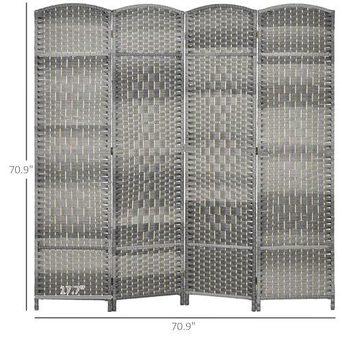 HOMCOM 4 Panel Room Divider 6 Ft Privacy Screen Hand-Woven Mixed Gray | Folding PP Wall Partition, Pine Wood Frame, Freestanding Room Separator, Bedroom Home Office, No Assembly - color: Mixed Gray, size: 4 Panel