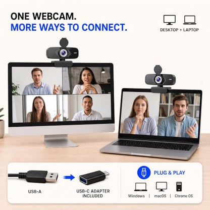 1080P Webcam with Microphone, Privacy Cover & USB-C Adapter