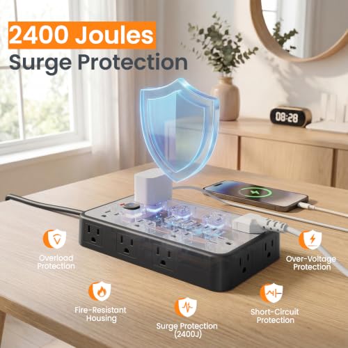 20 FT Surge Protector Power Strip with 6 USB, 16 Outlets, 2400J - color: Black / Gray, size: 20 FT