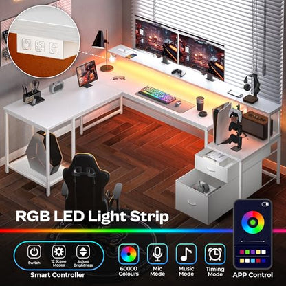 PRAISUN 66" L Shaped Gaming Desk with LED Lights & Power Outlets - color: White