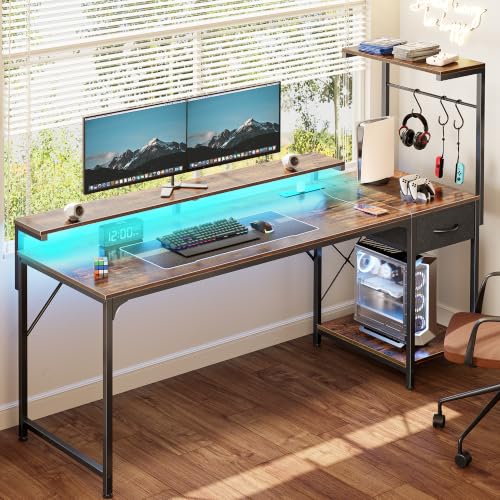 PRAISUN 63 Inch Gaming Desk with LED Lights & Power Outlets - color: Rustic Brown, size: 63 Inch