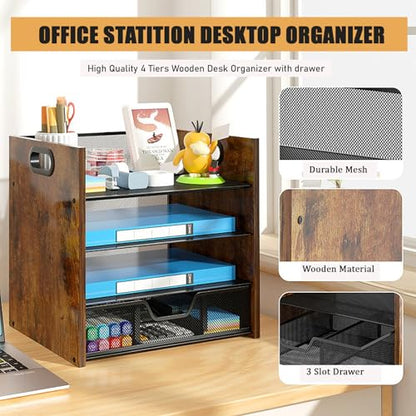 Desk Organizer - 4 Tier Desktop File Organizer with Drawer, Wooden Paper Tray Organizer, Office Desk Accessories Organizer for Papers, Mail, Notebooks, Stationery - size: 4 Tier Drawer
