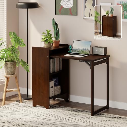 HDDFER Bamboo Folding Desk for Small Spaces,Hidden Desk with Storage Shelf, Foldable Computer Desk for Bedroom Home Office, Mid Century Modern Fold Out Table Writing Table, Walnut - color: Walnut