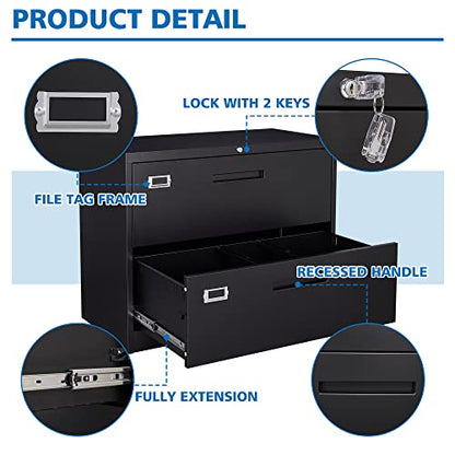 BYNSOE 2 Drawer Lateral File Cabinet Metal Filing Cabinet with Lock Office Home Steel Lateral File Cabinet for A4 Legal/Letter Size Lockable Wide Metal Cabinet,Assembly Required(2 Drawer, Black) - color: Black, size: 2 Drawers