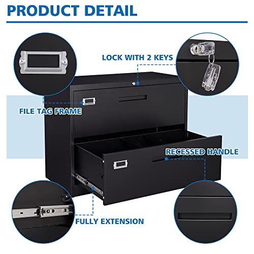 BYNSOE 2 Drawer Lateral File Cabinet Metal Filing Cabinet with Lock Office Home Steel Lateral File Cabinet for A4 Legal/Letter Size Lockable Wide Metal Cabinet,Assembly Required(2 Drawer, Black) - color: Black, size: 2 Drawers