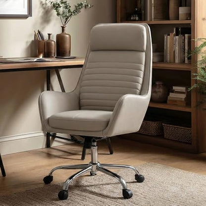 COLAMY Ellis High-Back Home Office Desk Chair, Leather Executive Chair with Integrated Armrests, Khaki - color: Khaki