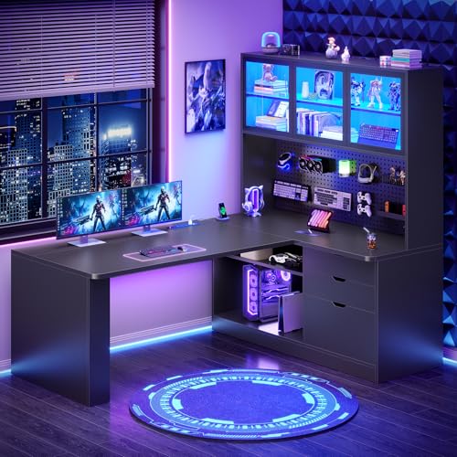 SEDETA L Shaped Corner Gaming Desk with 3 Wood Drawer and Large Bookshelf - color: Black