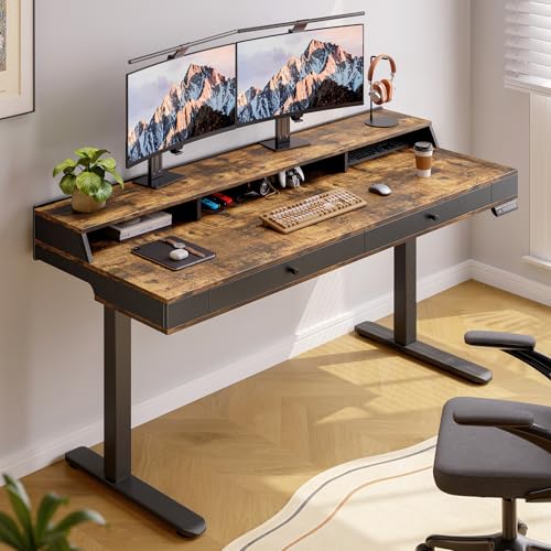 55x23.6 Inch Standing Desk with Drawers, Electric Stand Up Desk | Office Desk with Storage Shelf, Sit Stand Desk Adjustable Height from 28-46 Inches for Computer Workstation, Rustic Brown - color: Rustic Brown, size: 55.1x23.6 Inch