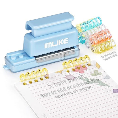 Mini 5-Hole Binding Machine - IMLIKE 5 Holes Binding Machine with 16 Loose-Leaf Binding Strips - Easy to Add or Remove Papers, 4 Sheets Capacity (A4/30 Holes, B5/26 Holes, A5/20 Holes) - Blue