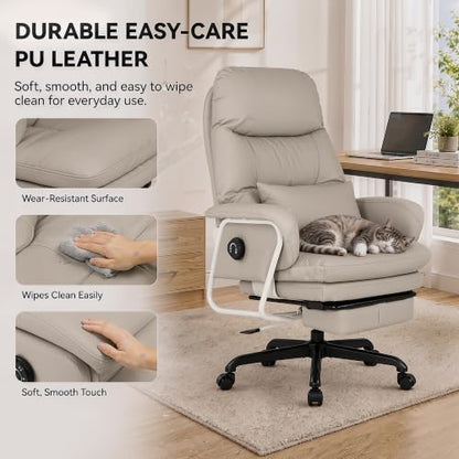 180° Reclining Office Chair with Footrest, PU Leather Desk Chair with 4-Position Backrest and Thick Cushion, Executive Computer Chair for Home Office, Work and Study,Gray - color: Grey